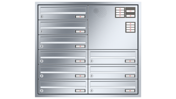 RENZ Briefkastenanlage Unterputz, Eckrahmen, Edelstahl V4A, Kastenformat 370x110x270mm, mit Klingel - & Lichttaster und Vorbereitung Gegensprechanlage, 9-teilig